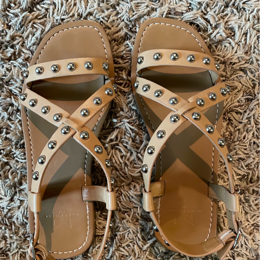 Marc Fisher Studded Tan Leather Crisscross Sandals